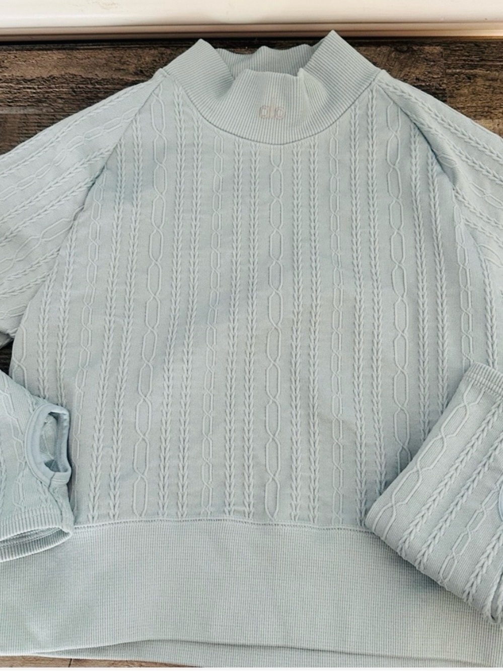 ALO Yoga Light Blue Cable Mock Neck Sweater